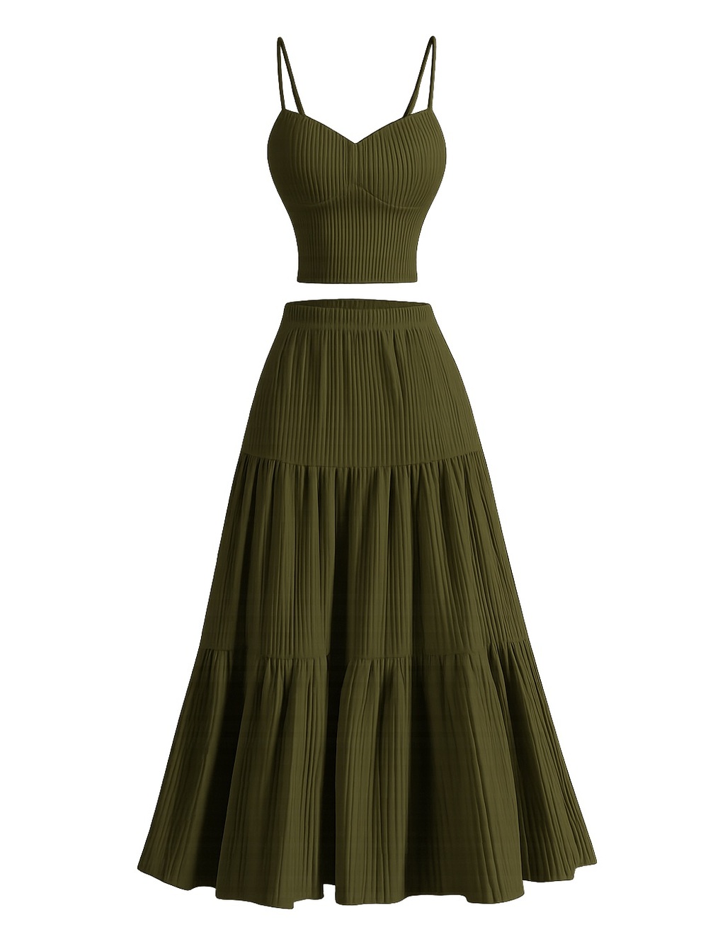 Amazon Olive Green Tiered Pleated Maxi Skirt